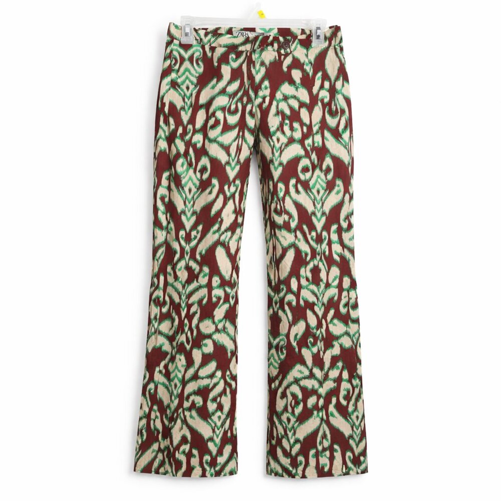Zara Selena Printed Pants Womens XS Green Brown Wide Leg Cotton NWT
